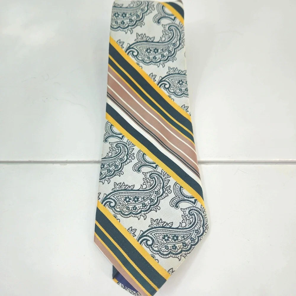 Vintage 70s/80s Jean‎ Claude Vidal Green Gold Mens Paisley Stripe Necktie USA